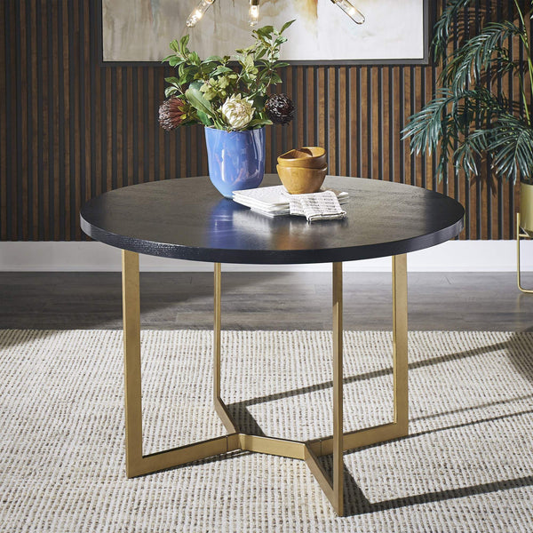 Round Oak Veneer Dining Table with Gold Iron Base Seats Four Guests