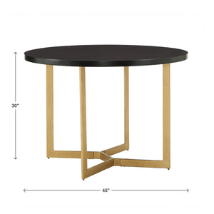 Round Oak Veneer Dining Table with Gold Iron Base Seats Four Guests