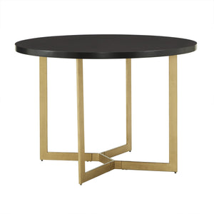 Round Oak Veneer Dining Table with Gold Iron Base Seats Four Guests