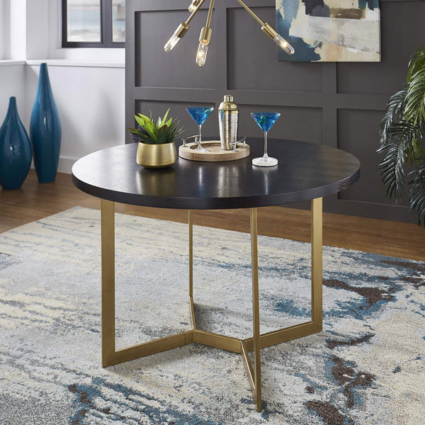 Round Oak Veneer Dining Table with Gold Iron Base Seats Four Guests