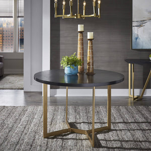 Round Oak Veneer Dining Table with Gold Iron Base Seats Four Guests