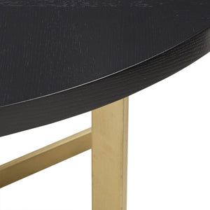Round Oak Veneer Dining Table with Gold Iron Base Seats Four Guests