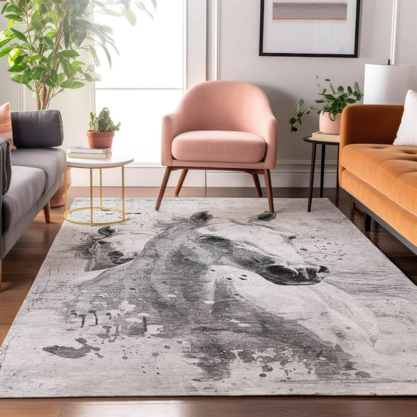 HomeRoots 5' X 8' Gray Silver Ivory Animal Print Rug - Washable, Stain Resistant, UV Protected for Modern Spaces 699042
