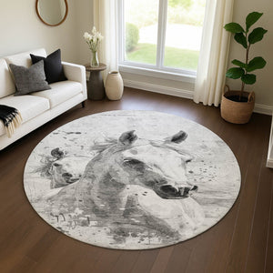 HomeRoots 8' Gray Silver and Ivory Animal Print Round Rug - Washable, UV-Protected, Stylish for Any Room! 699043