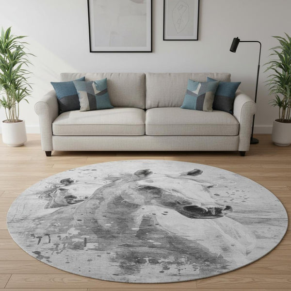 HomeRoots 8' Gray Silver and Ivory Animal Print Round Rug - Washable, UV-Protected, Stylish for Any Room! 699043