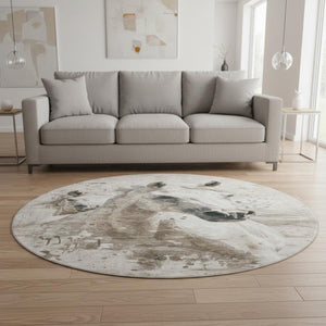 HomeRoots 8' Washable Round Rug in Ivory Beige & Charcoal - Durable, UV-Protected Animal Print for Homes 699049