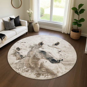 HomeRoots 8' Washable Round Rug in Ivory Beige & Charcoal - Durable, UV-Protected Animal Print for Homes 699049