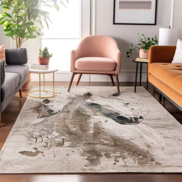 HomeRoots 10' X 14' Washable Ivory Beige & Charcoal Animal Print Area Rug with UV Protection for Modern Homes 699052