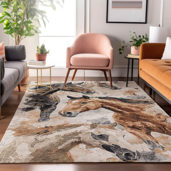 HomeRoots 5' Modern Safari-Inspired Beige Brown Charcoal Animal Print Washable Area Rug with UV Protection 699054