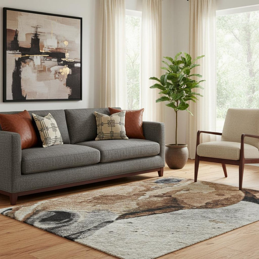 HomeRoots 5' Modern Safari-Inspired Beige Brown Charcoal Animal Print Washable Area Rug with UV Protection 699054
