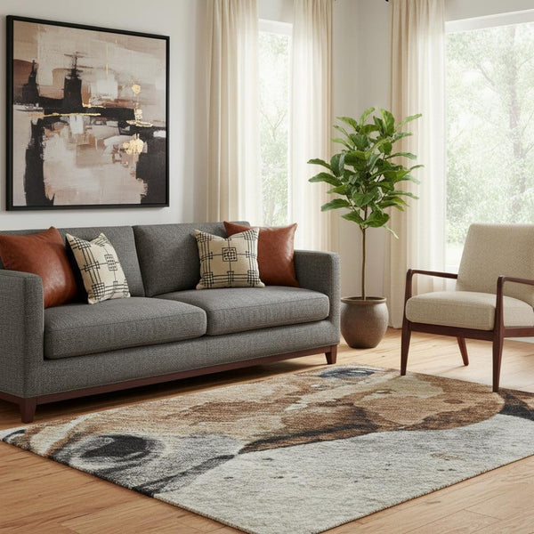 HomeRoots 5' Modern Safari-Inspired Beige Brown Charcoal Animal Print Washable Area Rug with UV Protection 699054