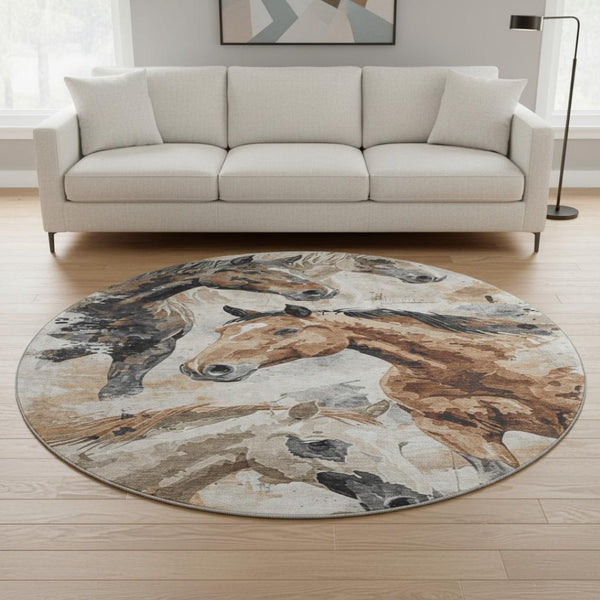 HomeRoots 8' Washable Round Area Rug with Modern Animal Print, UV Protection & Easy-Care for High Traffic Areas 699055