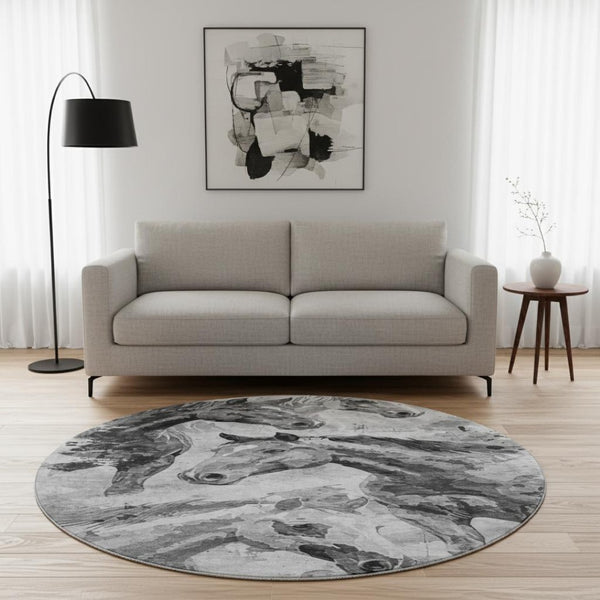HomeRoots 8' Washable Round Rug with Gray Silver Charcoal Animal Print | Durable, UV-Protected & Stylish Design 699061