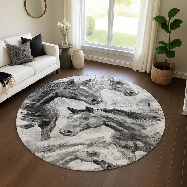 HomeRoots 8' Washable Round Rug with Gray Silver Charcoal Animal Print | Durable, UV-Protected & Stylish Design 699061