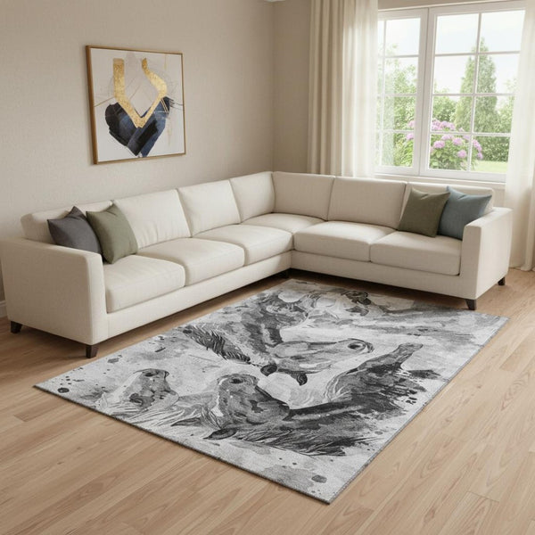 HomeRoots 8' X 10' Gray Silver Charcoal Animal Print Area Rug - Washable, UV Protected, Durable & Stylish! 699062
