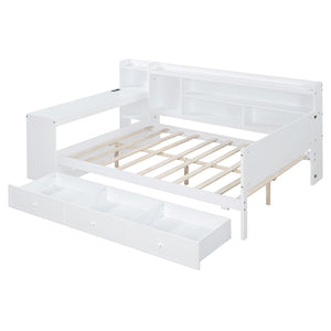 English Elm Full Size Wooden Daybed With Integrated Desk, Usb Ports, 3 Drawers & Modern White Finish N820S00018K