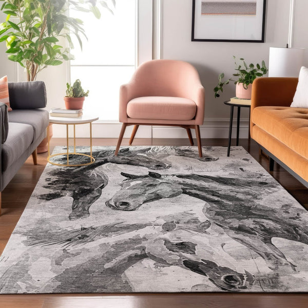 HomeRoots 10' X 14' Stylish Gray Silver Charcoal Animal Print Washable Area Rug with UV Protection & Durability 699064