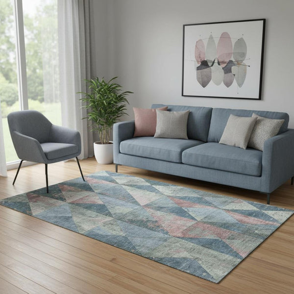 HomeRoots 5' X 8' Stylish Denim Blue Blush Ivory Geometric Washable Area Rug with UV Protection & Non-Slip Backing 699066