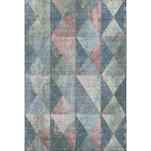 HomeRoots 5' X 8' Stylish Denim Blue Blush Ivory Geometric Washable Area Rug with UV Protection & Non-Slip Backing 699066