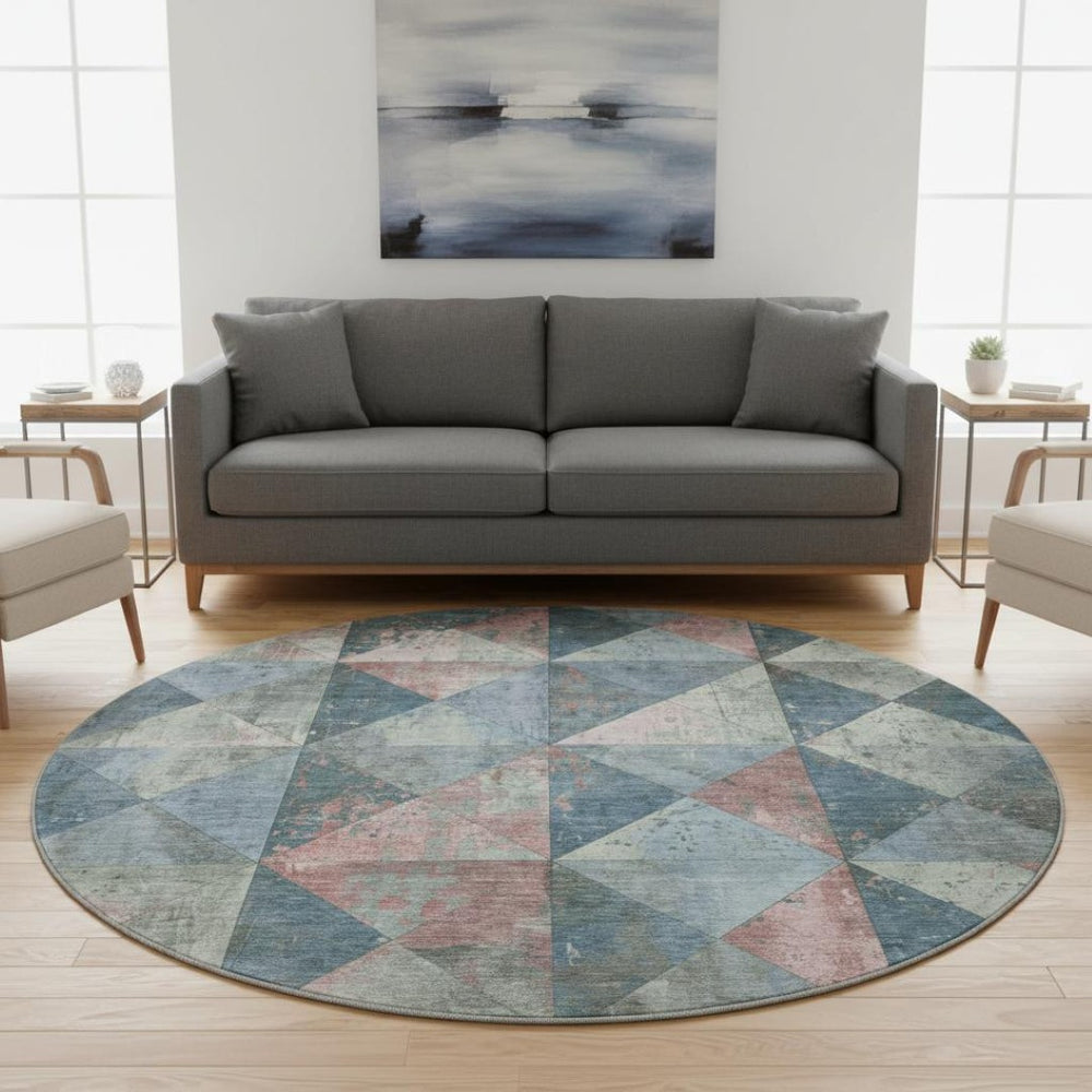 HomeRoots 8' Denim Blue Blush Ivory Geometric Round Rug - Washable, Stain Resistant, UV Protected for Homes 699067