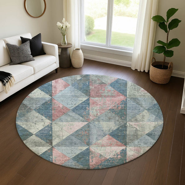 HomeRoots 8' Denim Blue Blush Ivory Geometric Round Rug - Washable, Stain Resistant, UV Protected for Homes 699067