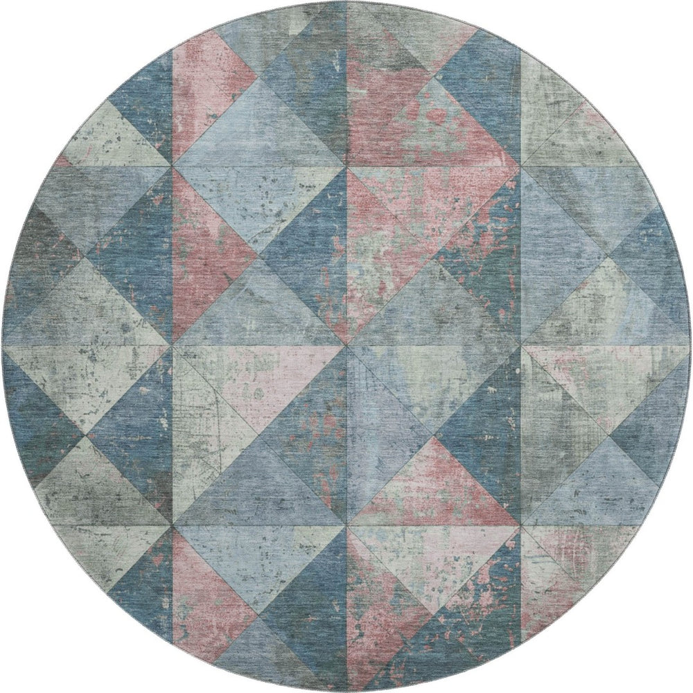 HomeRoots 8' Denim Blue Blush Ivory Geometric Round Rug - Washable, Stain Resistant, UV Protected for Homes 699067