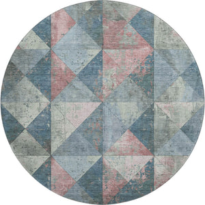 HomeRoots 8' Denim Blue Blush Ivory Geometric Round Rug - Washable, Stain Resistant, UV Protected for Homes 699067