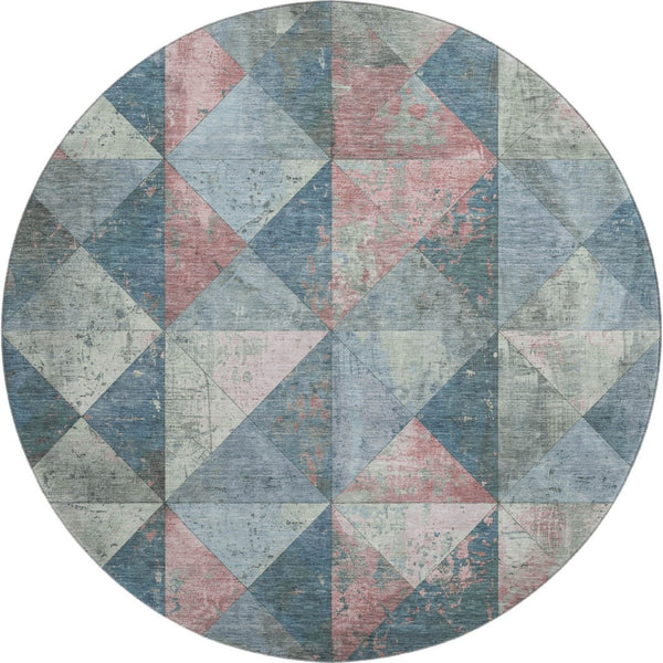 HomeRoots 8' Denim Blue Blush Ivory Geometric Round Rug - Washable, Stain Resistant, UV Protected for Homes 699067