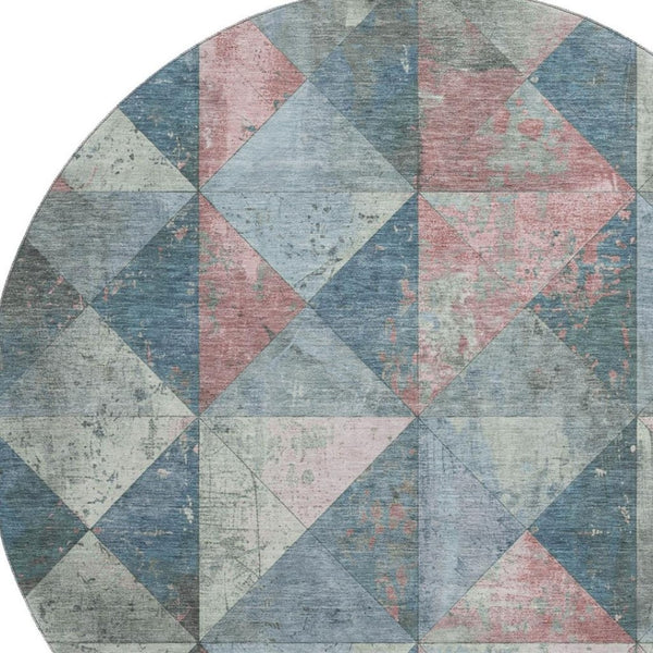 HomeRoots 8' Denim Blue Blush Ivory Geometric Round Rug - Washable, Stain Resistant, UV Protected for Homes 699067