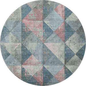 HomeRoots 8' Denim Blue Blush Ivory Geometric Round Rug - Washable, Stain Resistant, UV Protected for Homes 699067