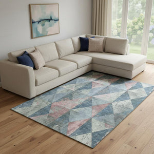 HomeRoots 8' X 10' Stylish Denim Blue Blush & Ivory Geometric Washable Area Rug with UV Protection for Homes 699068