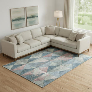 HomeRoots 9' X 12' Geometric Area Rug in Denim Blue, Blush & Ivory - Durable, Washable & UV Protected Design! 699069