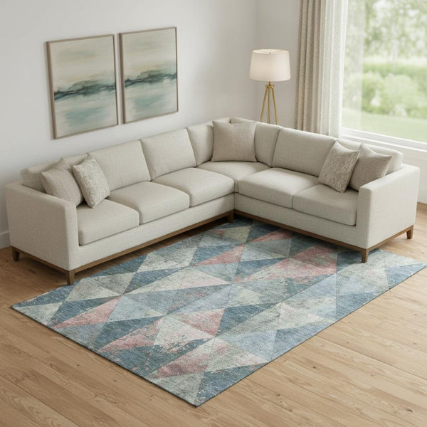 HomeRoots 9' X 12' Geometric Area Rug in Denim Blue, Blush & Ivory - Durable, Washable & UV Protected Design! 699069