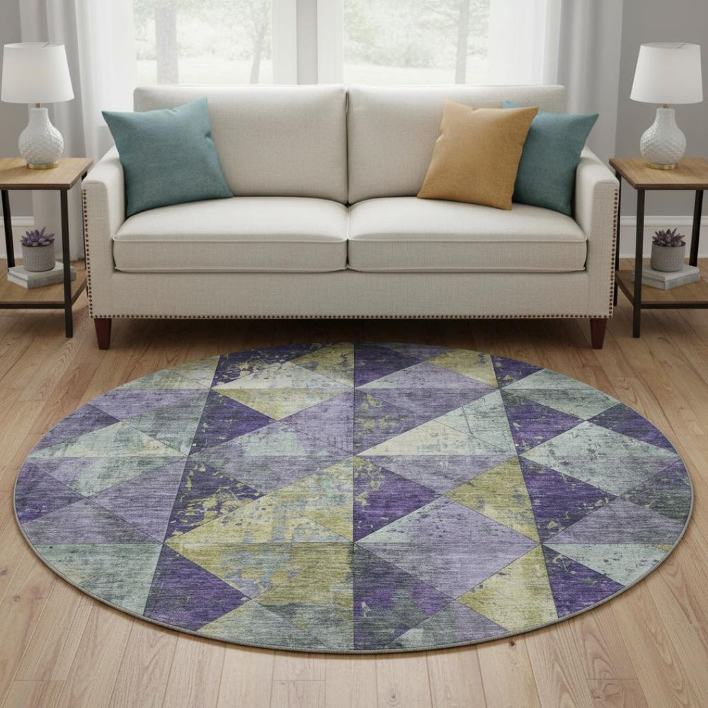 HomeRoots 8' Contemporary Eggplant Gold Ivory Geometric Washable Round Rug with UV Protection & Durability 699073