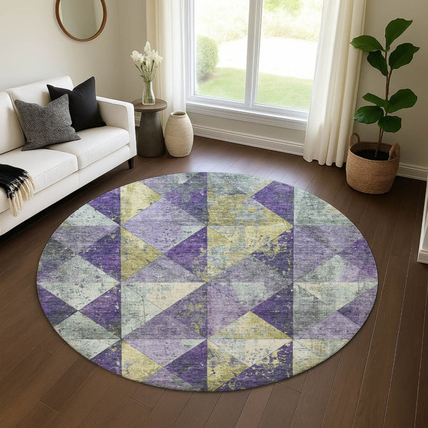 HomeRoots 8' Contemporary Eggplant Gold Ivory Geometric Washable Round Rug with UV Protection & Durability 699073