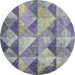 HomeRoots 8' Contemporary Eggplant Gold Ivory Geometric Washable Round Rug with UV Protection & Durability 699073
