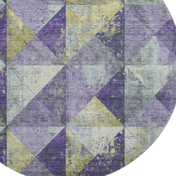 HomeRoots 8' Contemporary Eggplant Gold Ivory Geometric Washable Round Rug with UV Protection & Durability 699073