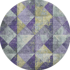 HomeRoots 8' Contemporary Eggplant Gold Ivory Geometric Washable Round Rug with UV Protection & Durability 699073