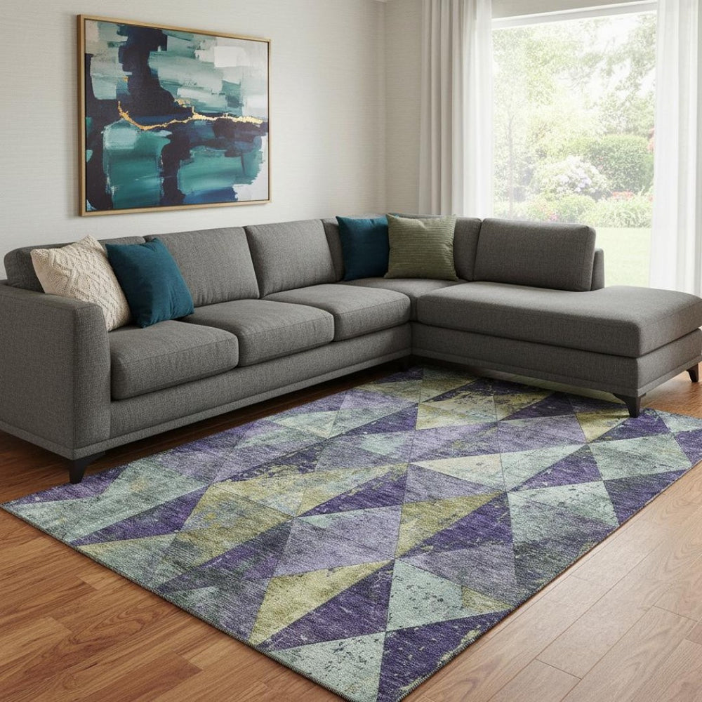 HomeRoots 8' X 10' Eggplant Gold Ivory Geometric Area Rug - Washable, UV-Protected, and Perfect for Families 699074