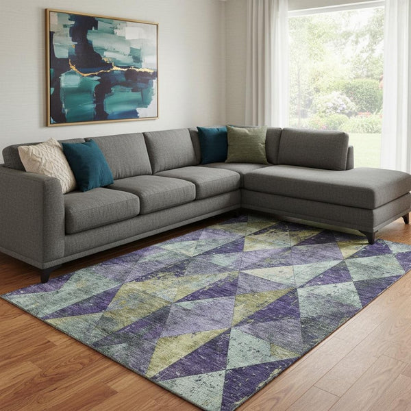 HomeRoots 8' X 10' Eggplant Gold Ivory Geometric Area Rug - Washable, UV-Protected, and Perfect for Families 699074