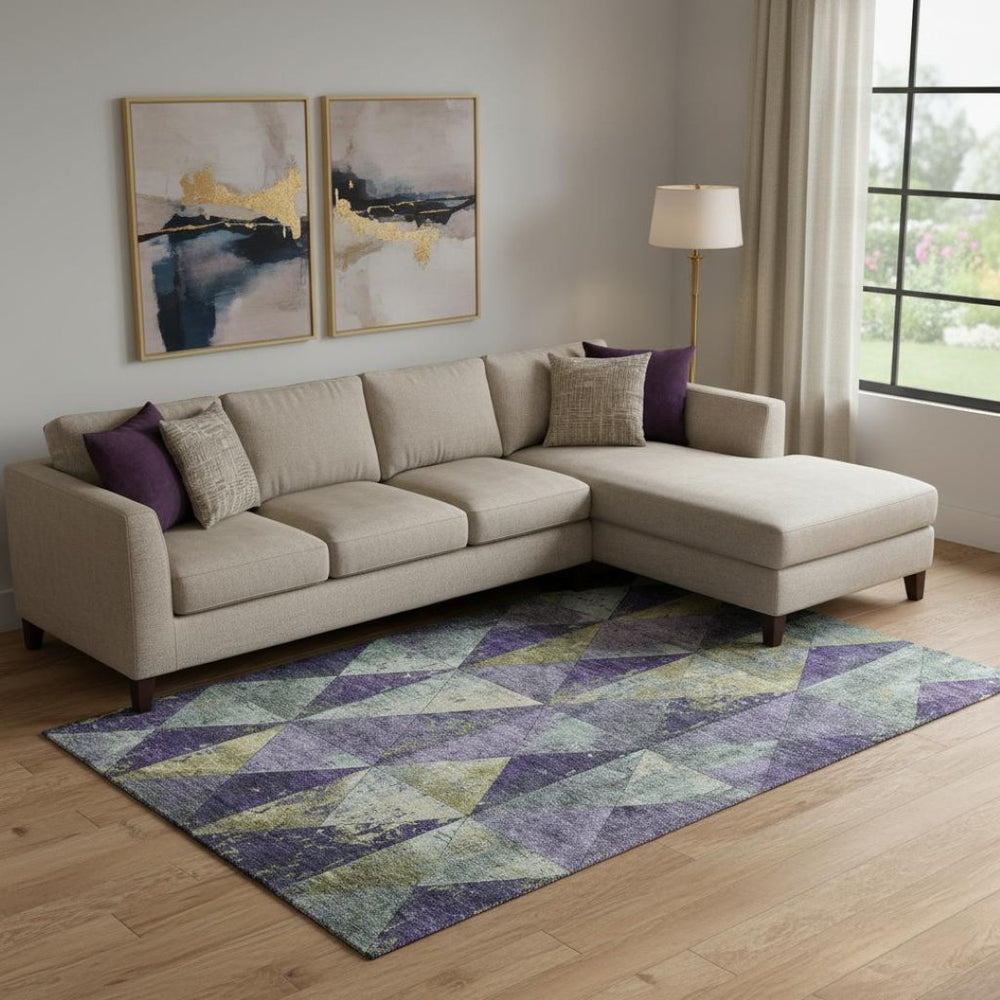 HomeRoots 9' X 12' Eggplant Gold Ivory Washable Geometric Area Rug - Durable, Stain-Resistant, UV Protected! 699075