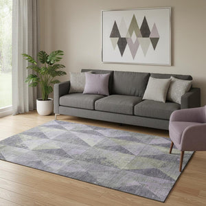 HomeRoots 5' X 8' Modern Geometric Lavender Fern Green Ivory Area Rug - Washable, UV Protected, Durable Style 699078