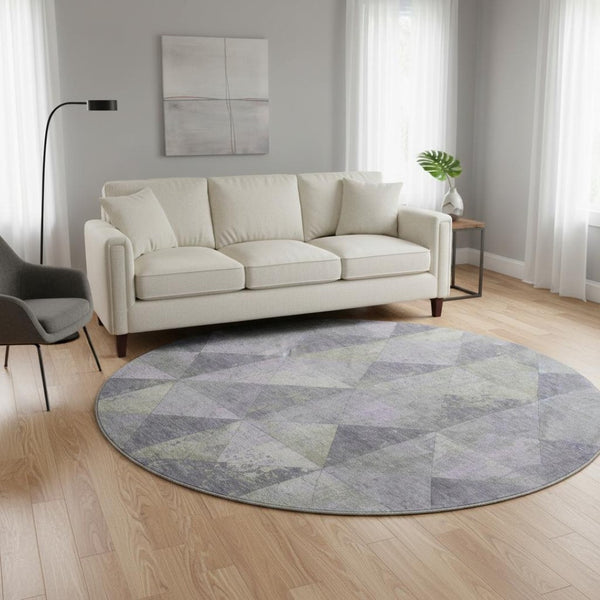 HomeRoots 8' Modern Geometric Washable Round Rug in Lavender, Fern Green & Ivory - UV Protected & Durable 699079