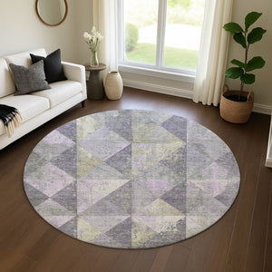 HomeRoots 8' Modern Geometric Washable Round Rug in Lavender, Fern Green & Ivory - UV Protected & Durable 699079