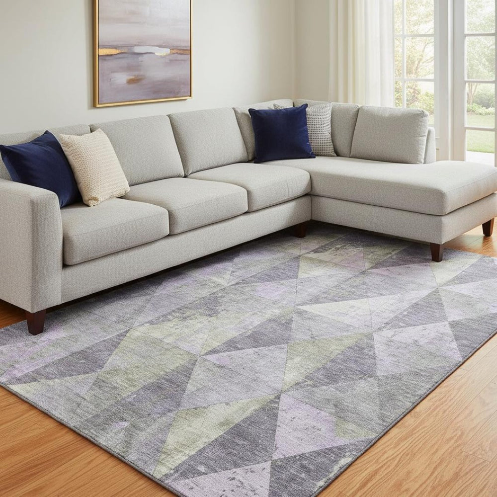 HomeRoots 8' X 10' Stylish Lavender Fern Green Geometric Area Rug – Washable, UV Protected & Durable Design 699080
