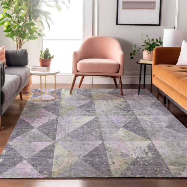 HomeRoots 9' X 12' Stylish Lavender Fern Green Geometric Area Rug - Washable, UV-Protected, and Durable! 699081