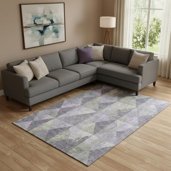 HomeRoots 10' Geometric Lavender Fern Green Area Rug - Washable, UV-Protected, Stain-Resistant, Durable Design 699082
