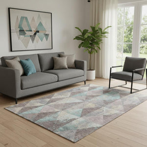 HomeRoots 5' X 8' Stylish Coffee Teal Beige Geometric Area Rug - Durable, Washable, UV Protected for Homes 699084