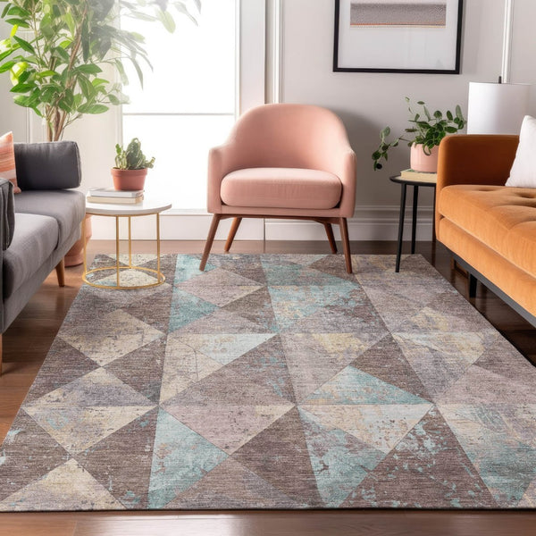 HomeRoots 5' X 8' Stylish Coffee Teal Beige Geometric Area Rug - Durable, Washable, UV Protected for Homes 699084