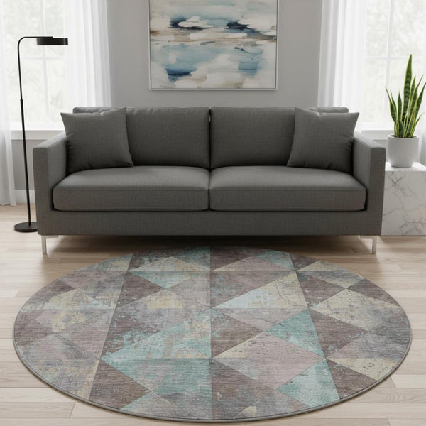 HomeRoots 8' Washable Round Rug in Coffee, Teal & Beige – Durable Geometric Design with UV Protection & Non-Slip Backing 699085
